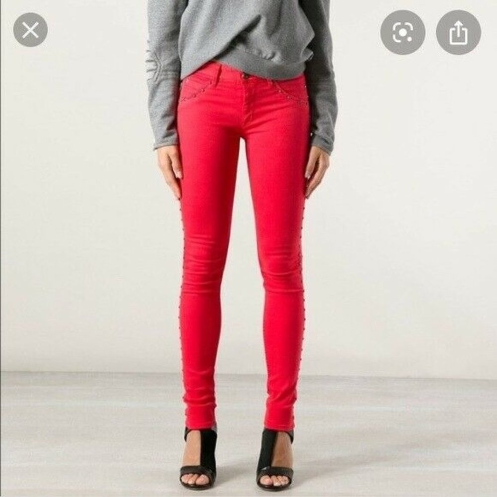Hudson Red Studded Midrise Collin Skinny Jeans Size 26
